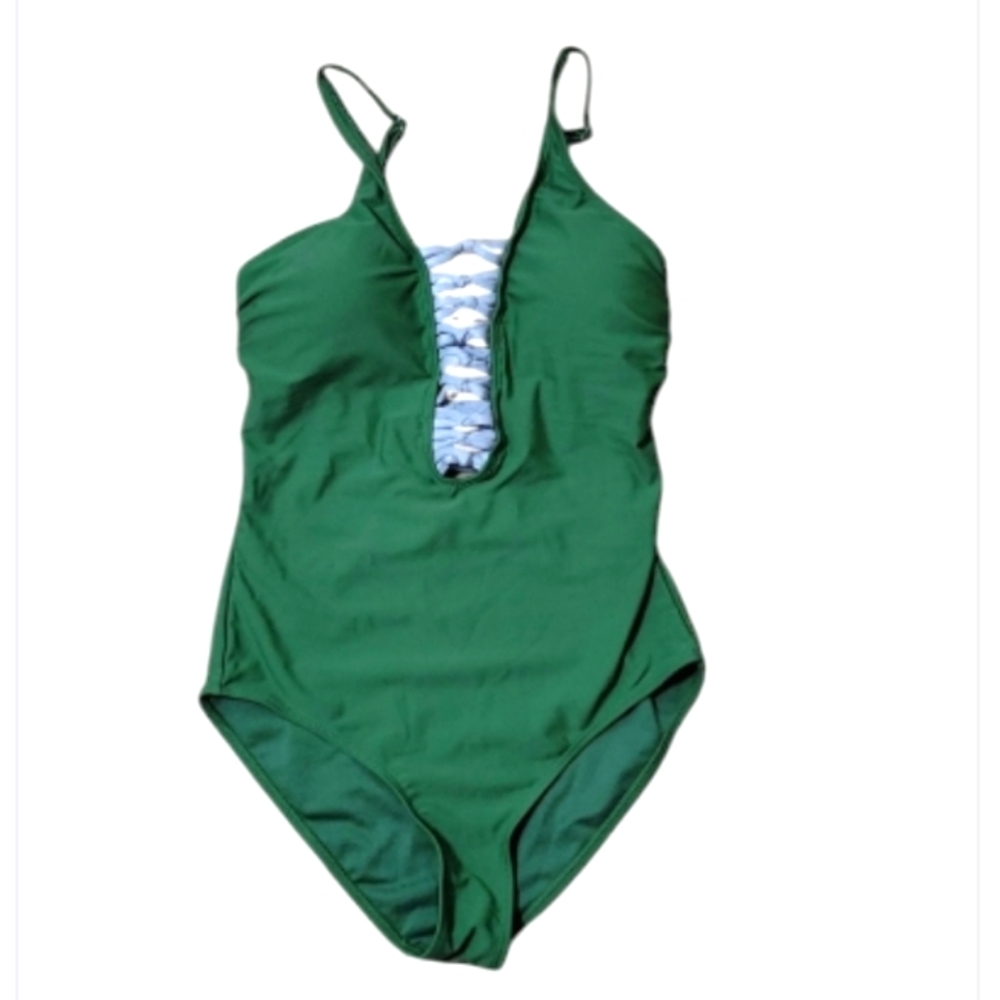 YMI Olive Green One Piece Swimsuit Criss Cross Cutout Details Adjustable Straps